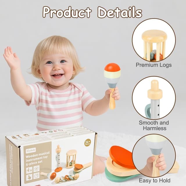 Detalle de Aolso Wooden Musical Toys Set (5 pcs) Maracas for Kids