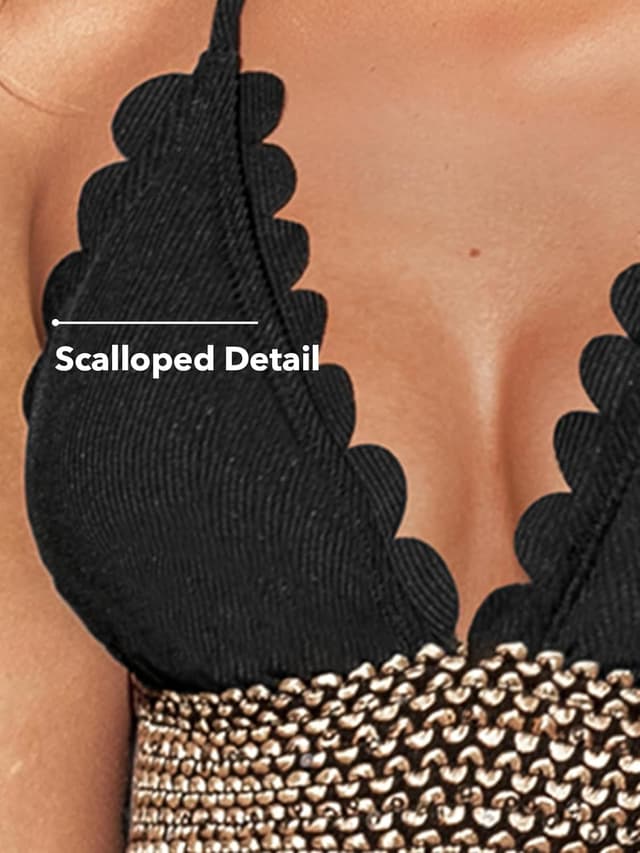 Detalle de CUPSHE Costume da bagno intero da donna Halter Back Tie smerlato con scollo a V e cuciture a contrasto