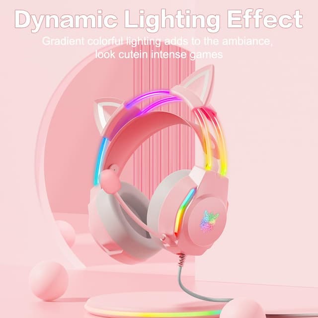 Detalle 2 de ONITOON Gaming Headset with Cat Ears (Pink) – RGB backlight, removable cat ears and virtual 7.1