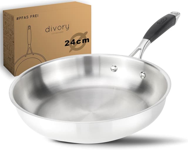 Detalle de DIVORY Edelstahlpfanne 24 cm (18/10) – unbeschichtet, ohne PTFE & PFOA, induktionsgeeignet