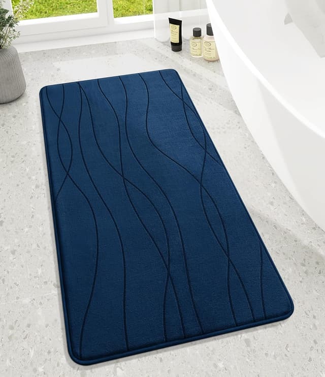 Detalle de chakme Tapis de bain en mousse à mémoire de forme, 60 x 120 cm, bleu foncé — antidérapant et absorbant