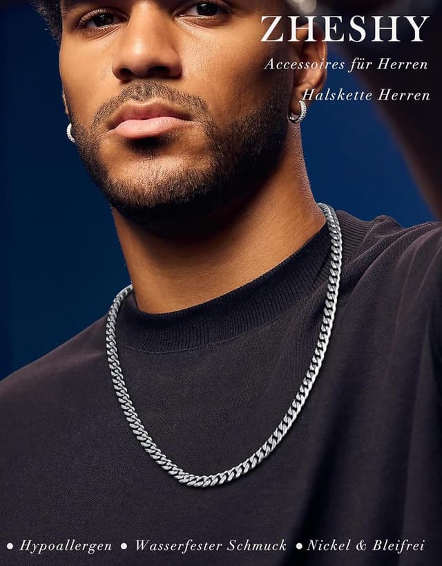 Detalle 2 de ZHESHY Herren-Halskette aus 316L-Edelstahl (Panzer-/Kubanische Kette), silber/goldfarben, wasserglänzend, mehrere Längen