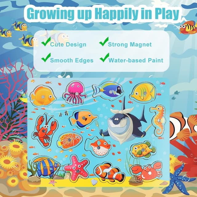 Detalle 2 de Vicloon Giochi magnetici di pesca in legno con 14 pesci e 2 canne (Oceano) per bambini 3+