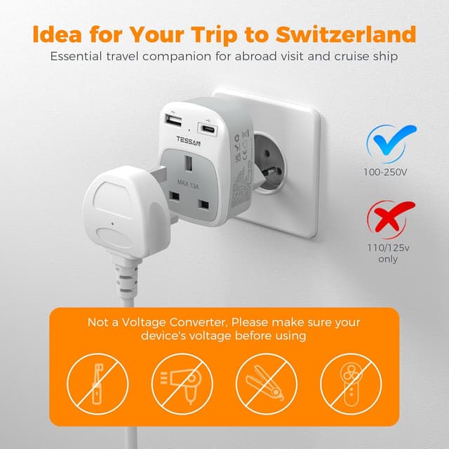 Detalle de TESSAN UK to Swiss Plug Adapter with USB C 🔌