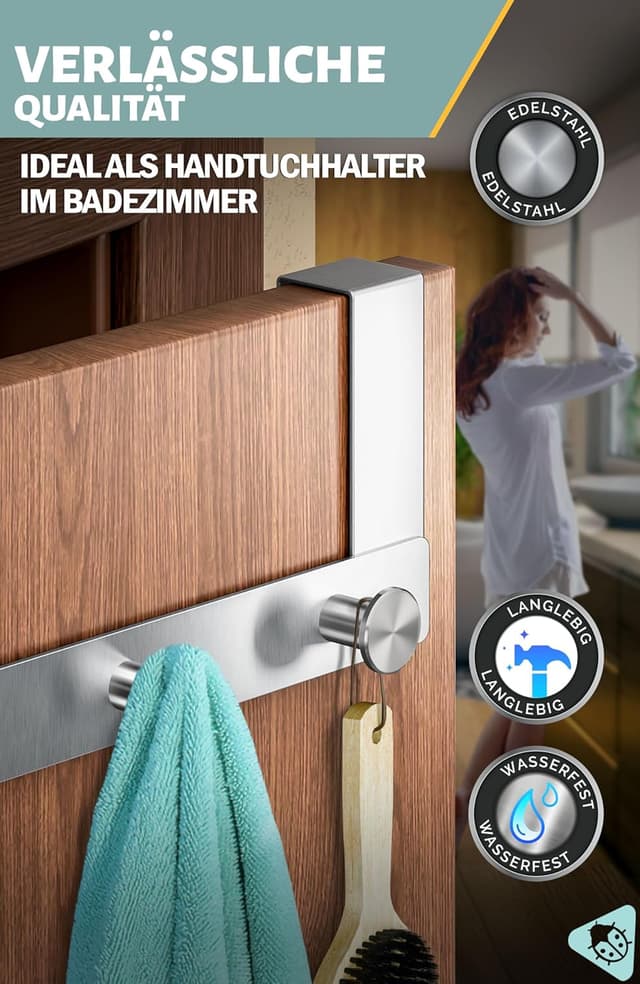 Detalle de Menz Türgarderobe zum Einhängen aus Edelstahl mit runden Türhaken – Türhakenleiste ohne Bohren