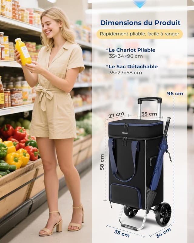 Detalle de Ytonet Chariot de courses pliable 55 L avec roulettes, sac isotherme et poche anti-vol (jusqu’à 68 kg), noir