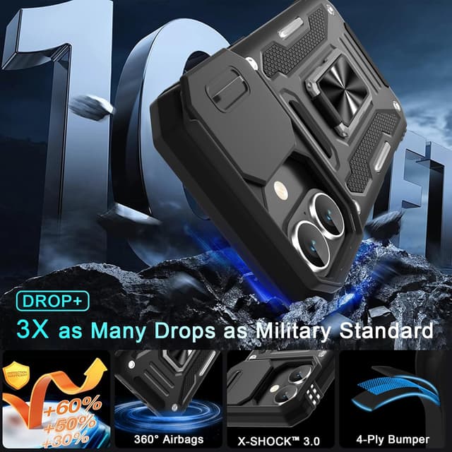 Detalle de DEERLAMN Armor Case for iPhone 17 6.3-Inch (2025) with Slide Camera Cover + Rotated Ring Kickstand, Black (2 Packs)