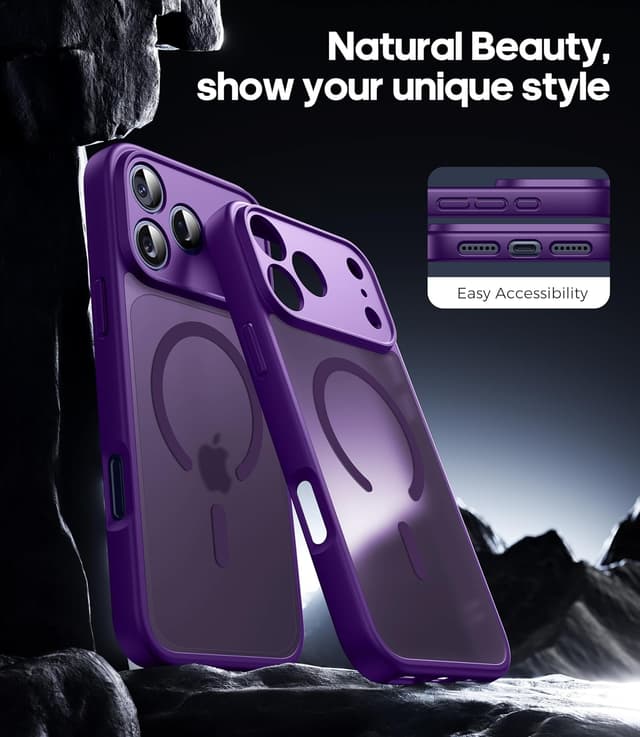 Detalle 2 de FLLAO 3 in 1 Magnetic Case for iPhone 17 Pro Max (Purple) with 2X HD Screen Protector & MagSafe support
