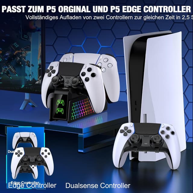 Detalle de PS5 Controller Ladestation mit Cooler RGB-Lichteffekt für PlayStation 5 DualSense (2 Controller, Schnellladung)