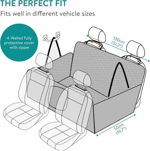 Detalle de Navaris dog car seat cover for back seats (waterproof pet hammock) with straps and seat belt opening