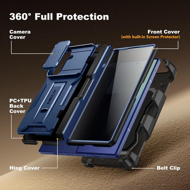 Thumbnail 6 de TONGATE for Galaxy Z Fold 7 Case with Stylus & Pen Holder, Privacy Screen Protector, Sliding Camera Cover, Belt Clip (Navy Blue)