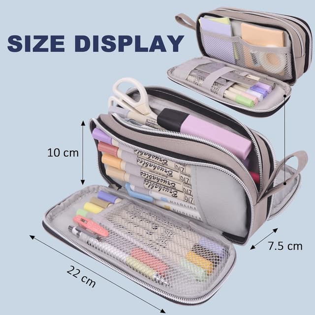 Detalle 2 de COLOCASTLE Federmäppchen großes Mäppchen mit 3 Fächern (Grau) – Platz für Stifte & Zubehör bis zum Schulalltag