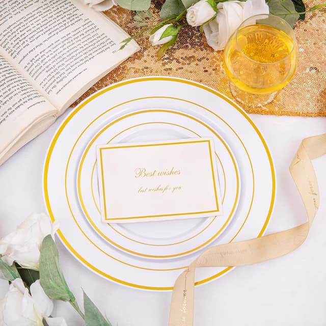 Detalle de I00000 200-Piece Gold Plastic Party Plates Set (100 Dinner + 100 Dessert) — BPA-Free Disposable Plates