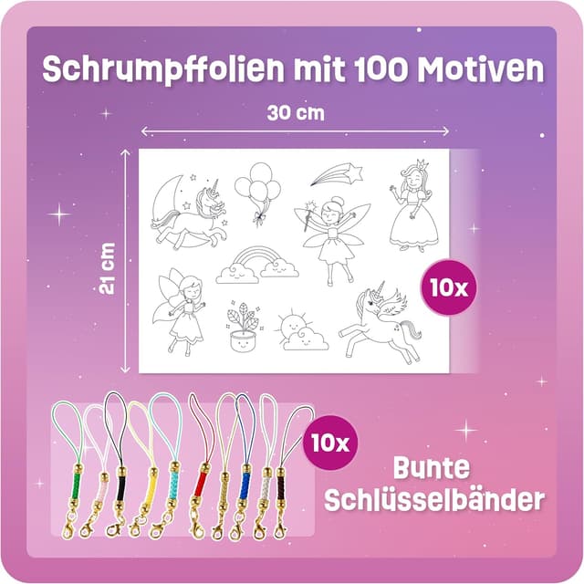 Detalle 2 de Smowo® Schrumpffolien-Set mit 100 Einhorn-Motiven & 10 Anhängern (21x30 cm)