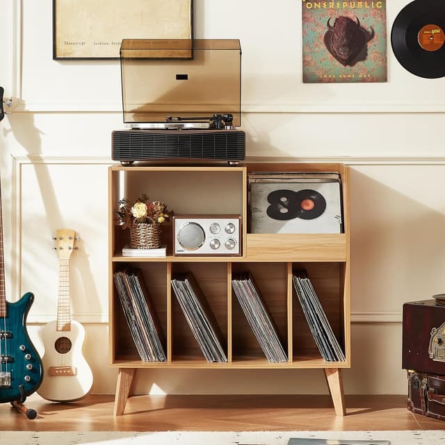 Detalle 2 de Large record stand with storage – wooden record player stand for up to 300 vinyl albums