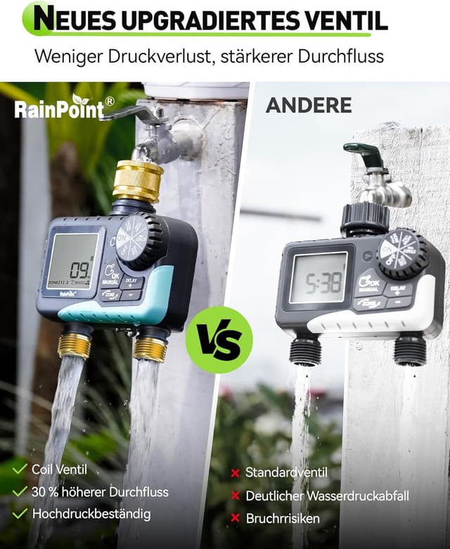 Detalle de RAINPOINT Centralina irrigazione 2 vie con ingresso e uscita in ottone e timer automatico IP65