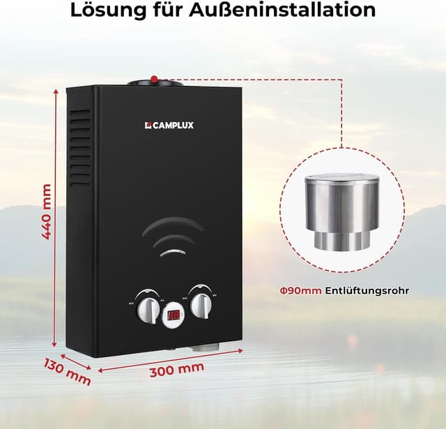 Detalle de CAMPLUX BW158BC Gasdurchlauferhitzer mit Regenhaube für Campingdusche & netzunabhängige Nutzung (6 Liter)