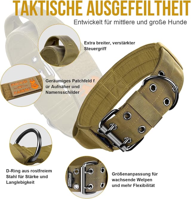 Detalle de OneTigris Collier pour chien en nylon large L avec poignée et patch pour grands chiens, marron (5 cm)