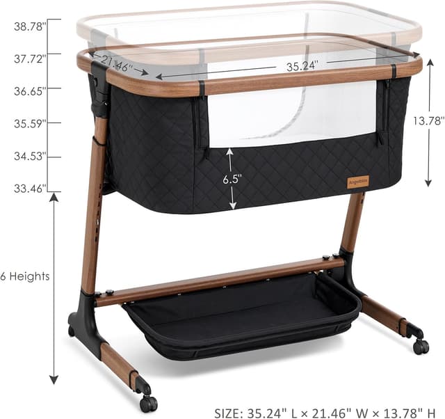 Detalle de ANGELBLISS Electric Baby Bassinet Bedside Sleeper with Auto Rocking (Remote/Touch), 12 Sounds, 6 Heights, Storage & Wheels (Black) with Breathable Mesh