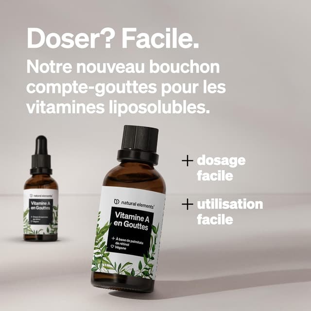 Detalle de Vitamine A en gouttes 50 ml (1700 gouttes) au palmitate de rétinol – dissoute dans l’huile de coco MCT, végane