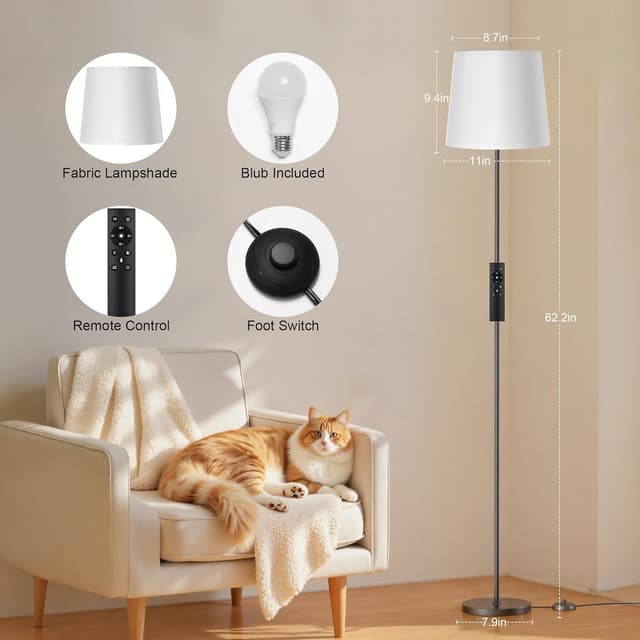 Detalle 2 de SIBRILLE Lampada da Terra per Salotto con telecomando e interruttore a pedale, 9W E27 3000K–6000K, paralume in lino