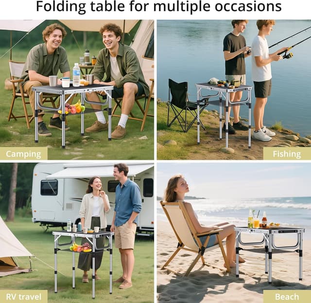 Detalle 2 de Anbte Folding Camping Table with Storage Net (3 adjustable heights) – black, portable outdoor picnic table