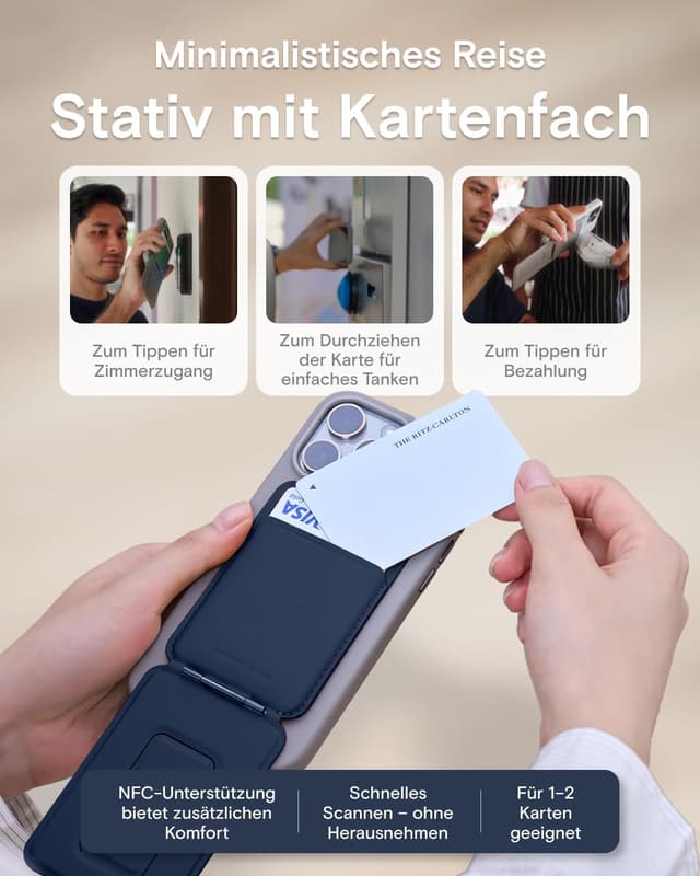 Detalle 2 de MOFT Handy Stativ für Smartphone „MOVAS Vegan-Leder“ (3-in-1) – ultradünn, tragbar und mit Kartenhalter, Marine Blau