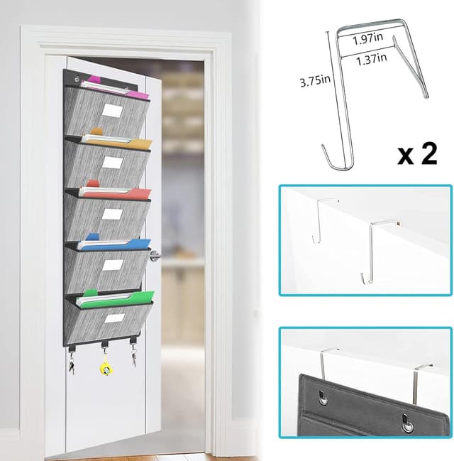 Detalle de VERONLY Over The Door File Organizer (wall mount) with 5 large pockets and labels, dark grey