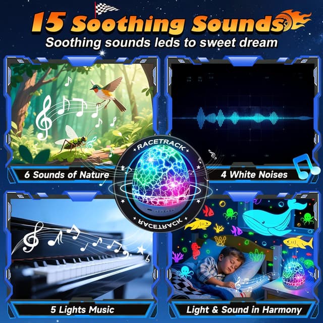 Detalle de Toy Cars Projector Egg Shaped Night Light with 6HD Films, Sounds, 31 Colors, Remote, and 360° Rotation