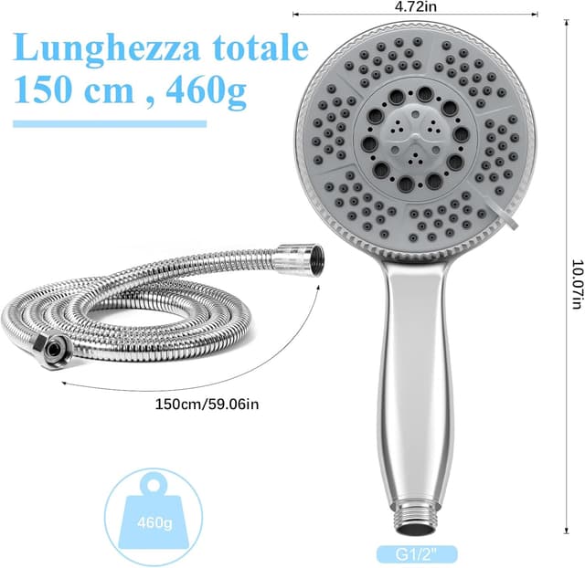 Detalle de Vinabo Duschbrause mit Schlauch (Sparduschkopf, 5 Strahlarten) inkl. 1,5 m Edelstahl-Duschschlauch, G1/2