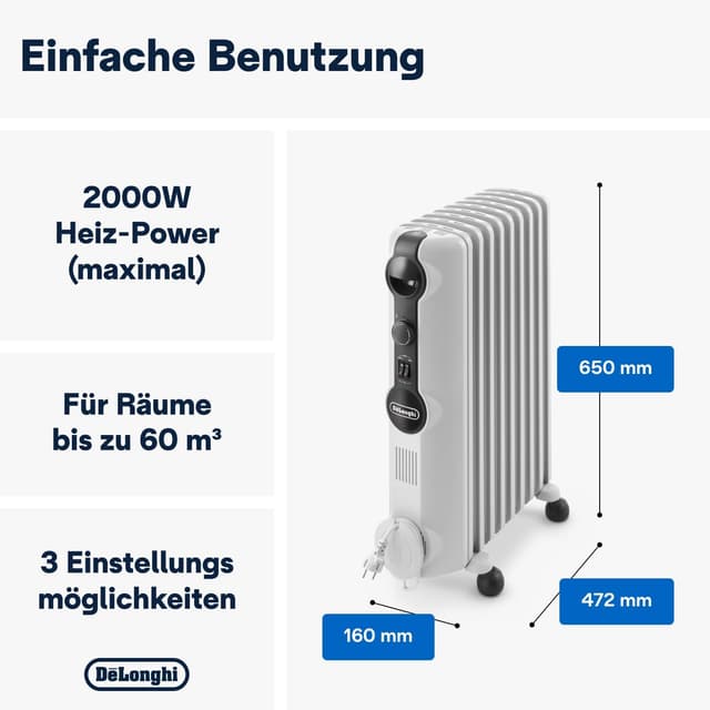 Detalle de De’Longhi Radia S TRRS0920 Ölheizer Elektroheizung für Räume bis 60 m³ (2000 W, Sicherheitsthermostat)