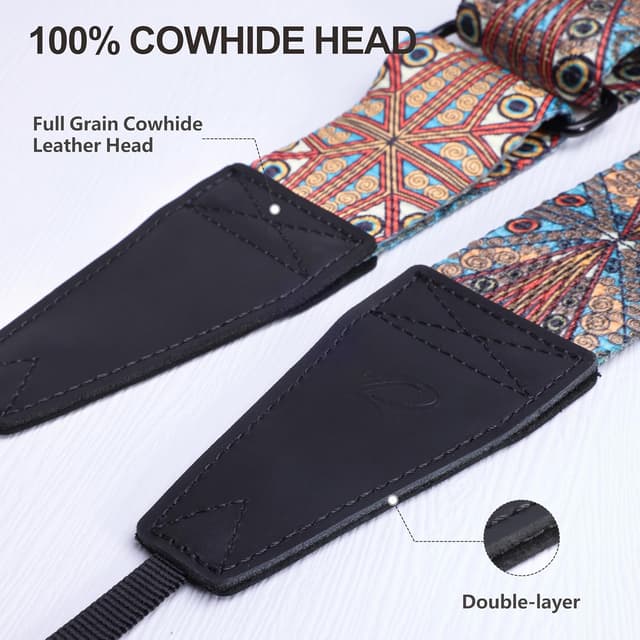Detalle 2 de Padwa Lifestyle Adjustable Camera Strap with Quick Release Clip – 2 inch full grain leather ends & embroidered cotton strap