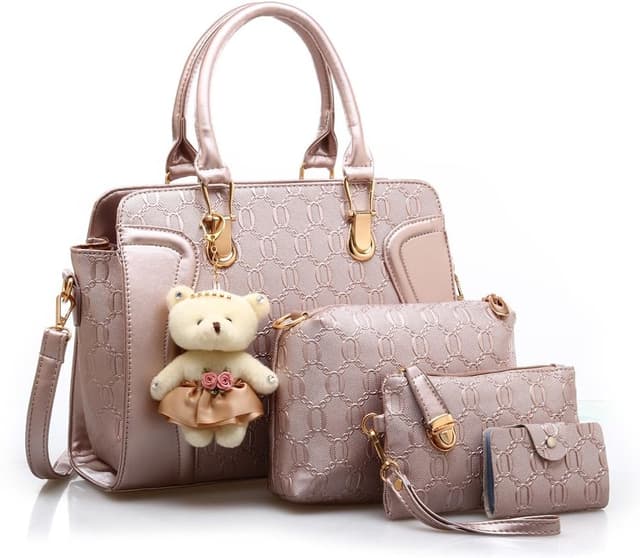 Detalle de MORGLOVE 4-Piece Gold PU Leather Handbag Set (Top Handle, Shoulder & Card Purse)