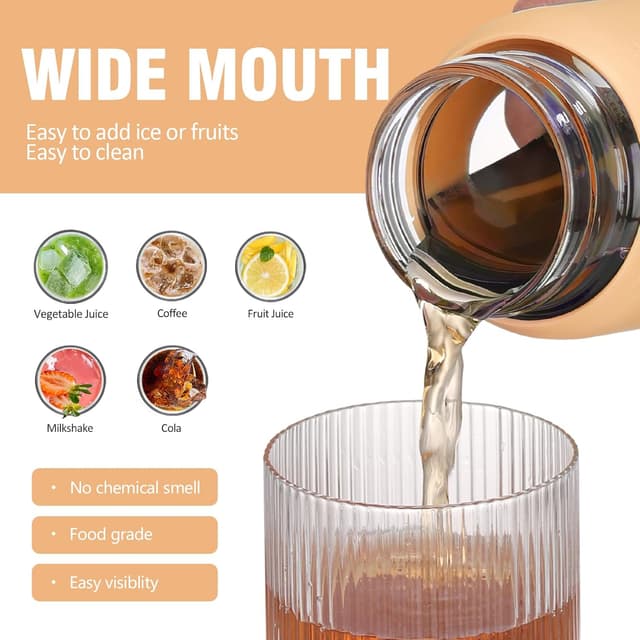 Detalle de BLUEGO 700 ml Bouteille d’eau en verre avec poignée, paille et manchon en silicone – marqueur de temps anti-fuite