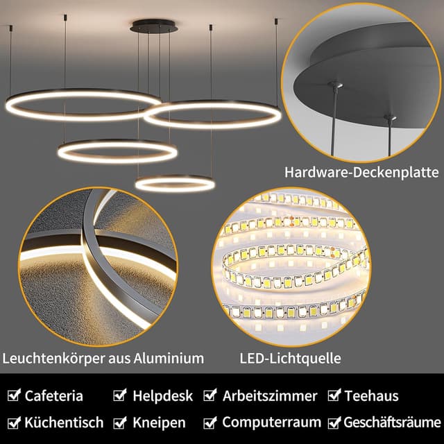 Thumbnail 1 de Mikeru Runde 4‑Ringe-Pendelleuchte mit 10–100% Dimmer und 3 Farbtemperaturen (30+40+60+80 cm)