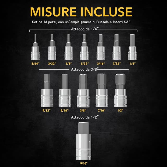 Detalle de LEXIVON LX-142 set di 13 chiavi a bussola SAE in lega d’acciaio S2 (da 5/64” a 9/16”) in valigetta