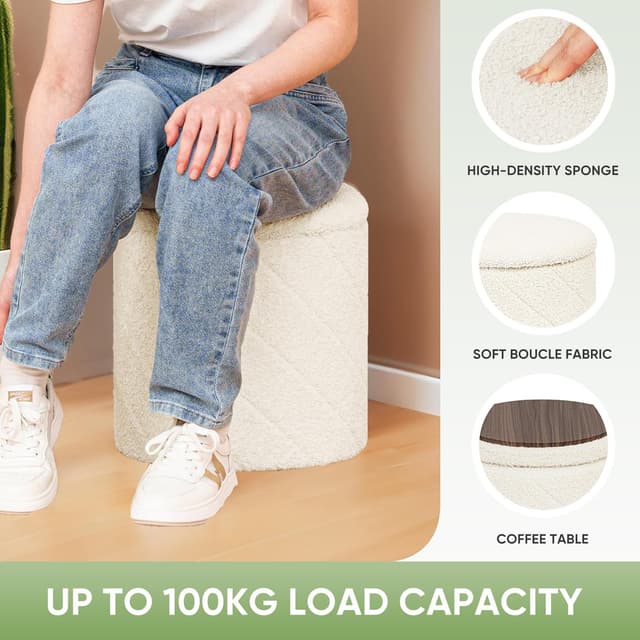 Thumbnail 6 de Bonlife Round Ottoman Stool with Storage (33x33x35cm) – Boucle Folding Footstool with Lid & Tray, White