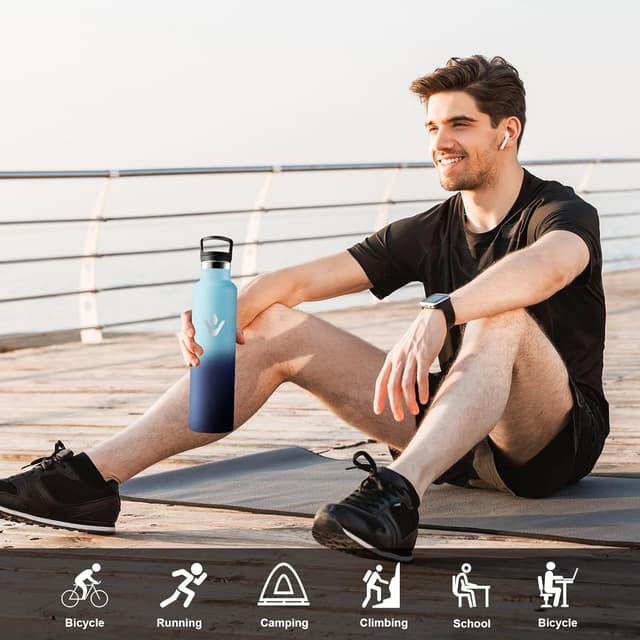 Detalle 2 de Motswedi Gourde isotherme 1 L avec paille et poignée (anti-fuite) en inox, bleu ciel & bleu foncé