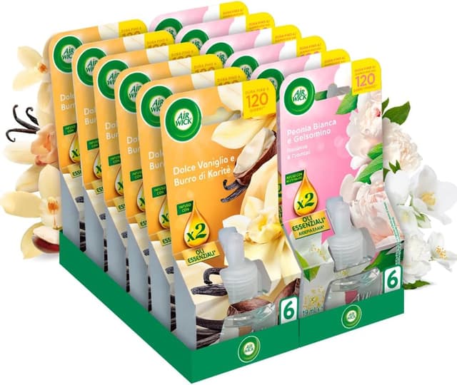 Detalle de Air Wick diffusore elettrico con ricariche di oli essenziali Dolce Vaniglia, Burro di Karité, Peonia bianca e Gelsomino (12 ricariche)