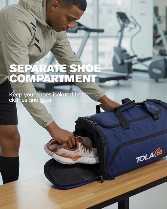 Detalle 2 de Tolaccea Sporttasche 56–70L (erweiterbar) mit Schuh- und Nassfach – als Rucksack tragbar, Blau