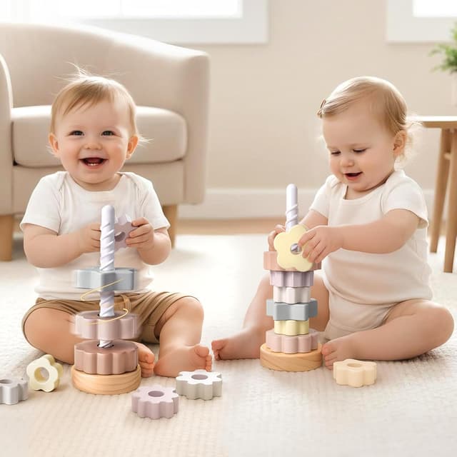 Thumbnail 6 de Joyreal Wooden Spinning Stacking Tower Toys – Rainbow Ring Stacker (Montessori-inspired cause & effect toy)