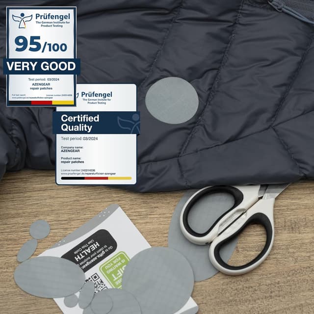 Detalle 2 de aZengear Repair Patches DIY waterproof patch kit (11 pcs, 30+ colours) for down jackets, tents and more