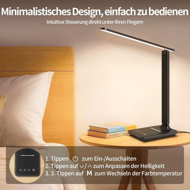 Detalle 2 de UPXNBOR Schreibtischlampe LED dimmbar mit Touch, Augenschutz und USB-A-Ladeanschluss