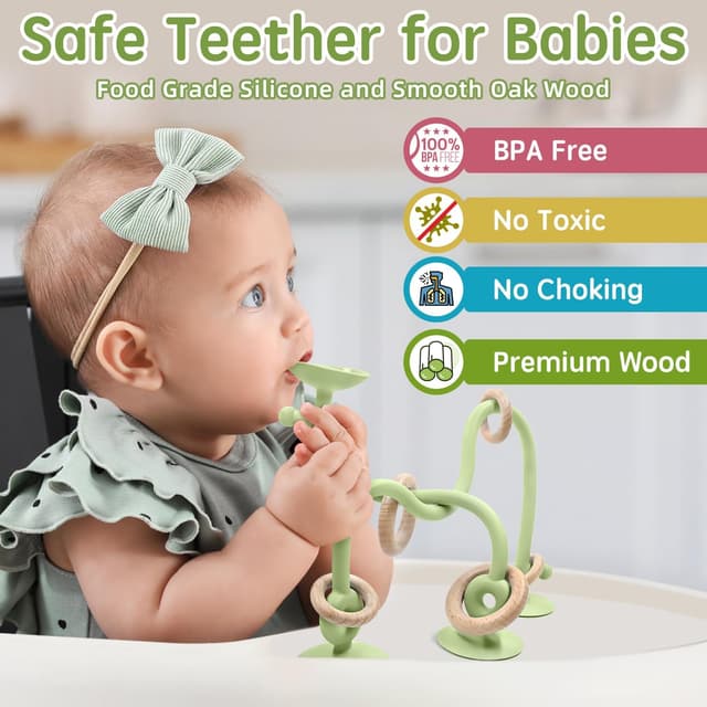 Detalle 2 de AiTuiTui Baby High Chair Suction Toy (Green) – Multi-purpose sensory toy with wooden ring