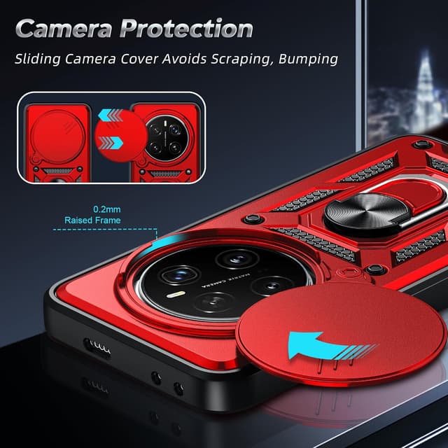 Detalle de LeYi Military Shockproof Case for Honor Magic 7 Pro 5G with Sliding Camera Lens Cover and 360° Ring Stand (Red)