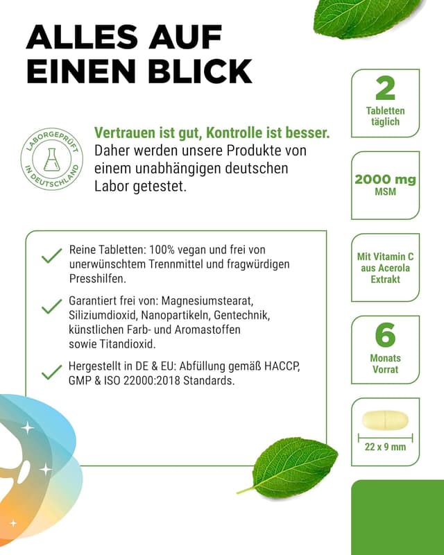 Detalle 2 de vit4ever MSM 2000 mg mit Vitamin C aus Acerola – 365 Tabletten (6-Monatsvorrat, vegan, laborgeprüft)