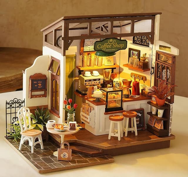 Detalle de ROBOTIME Maison de Poupées en Bois NO.17 “Café” – kit miniature DIY 3D avec lumières LED