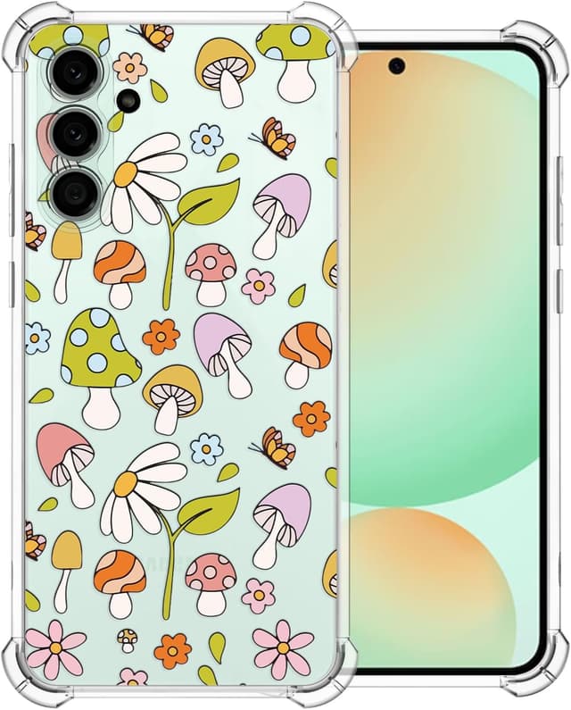 Detalle de CAROKI Clear Case for Samsung S24 FE – shockproof transparent TPU bumper cover with mushroom pattern