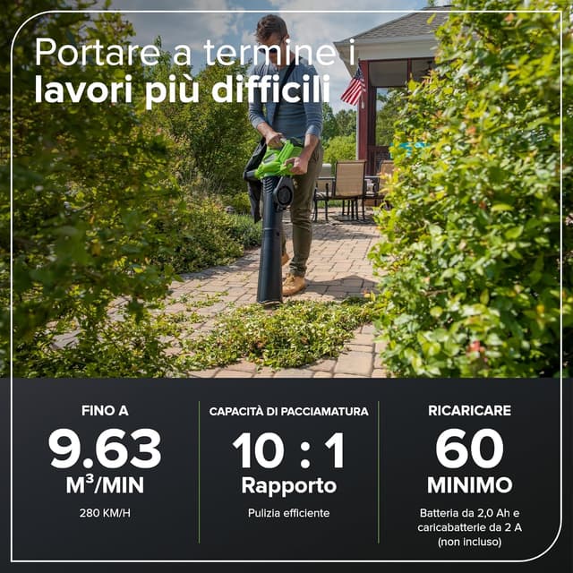 Detalle de Greenworks 40V aspiratore soffiatore foglie con motore brushless e ventola trituratrice (GD40BV) – senza batteria