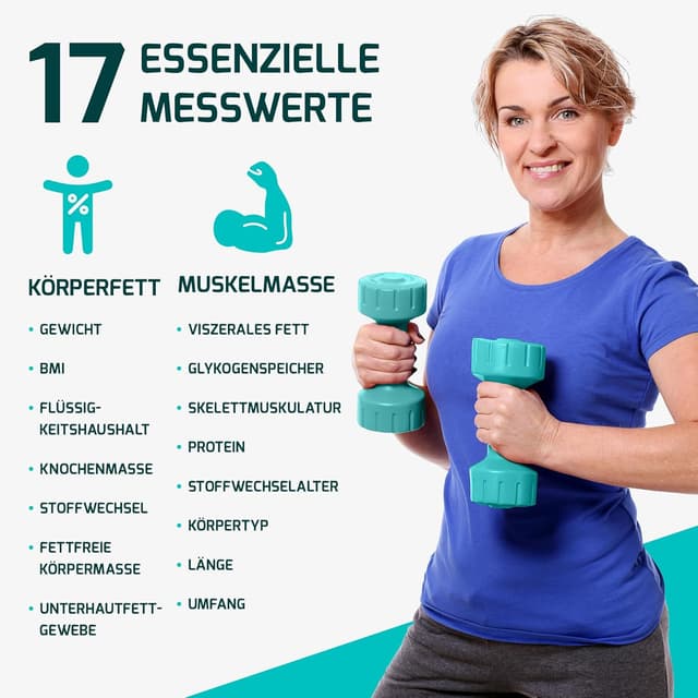 Detalle de Digitale Personenwaage „Testsieger 2025“ – Körperanalysewaage bis 225 kg mit App & 17 Messwerten (Schwarz)